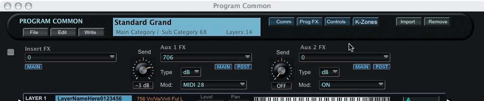 Clicking the COMM button displays the Program Common parameters, including Pitch Bend,