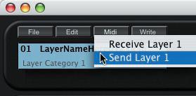 You can also choose to Paste a Layer from another Program (as described on page 48), or Initialize the current layer. MIDI: The MIDI function allows you to Receive or Send the current layer.