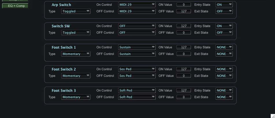 When Sliders is selected, the Setup Edit window displays the Slider assignments for Sliders A - I: When Switches is