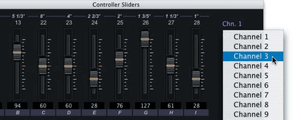 MIDI Continuous Controller (CC) number assignments are displayed at the top of the slider, while the actual control values appear at the bottom: To change the MIDI