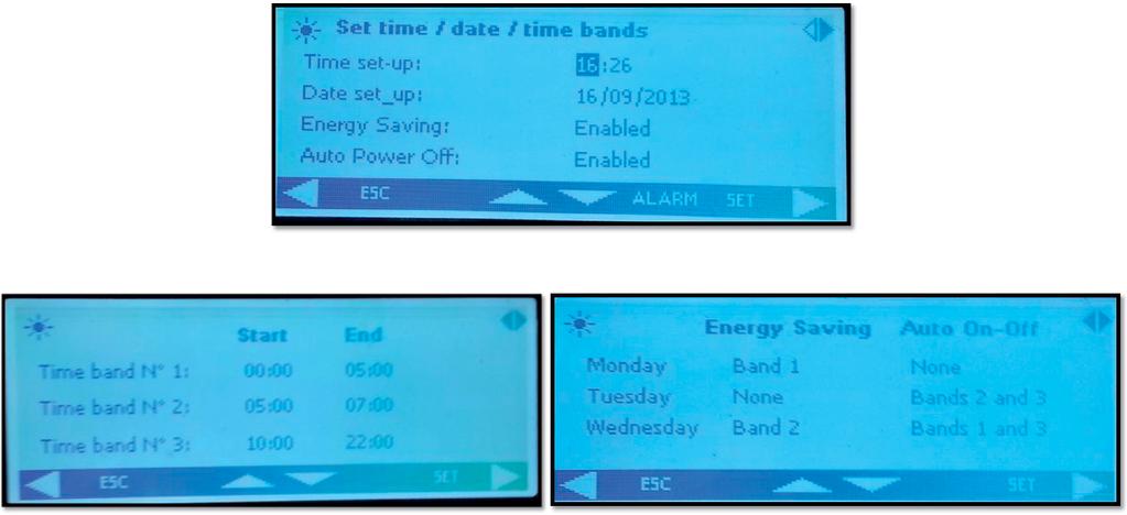 4.1. Energy Saving & Auto On/Off Enabling the Energy Saving and setting the appropriate time slots within the sub-menu Time bands marked with the icon, and the parameters ES, table in Chapter 9, for
