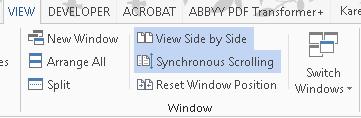 move through one document using either the mouse or the keyboard, the second document will reflect the movement exactly. Figure 46 Side-by-Side and Synchronized Scrolling turned on in View Ribbon.