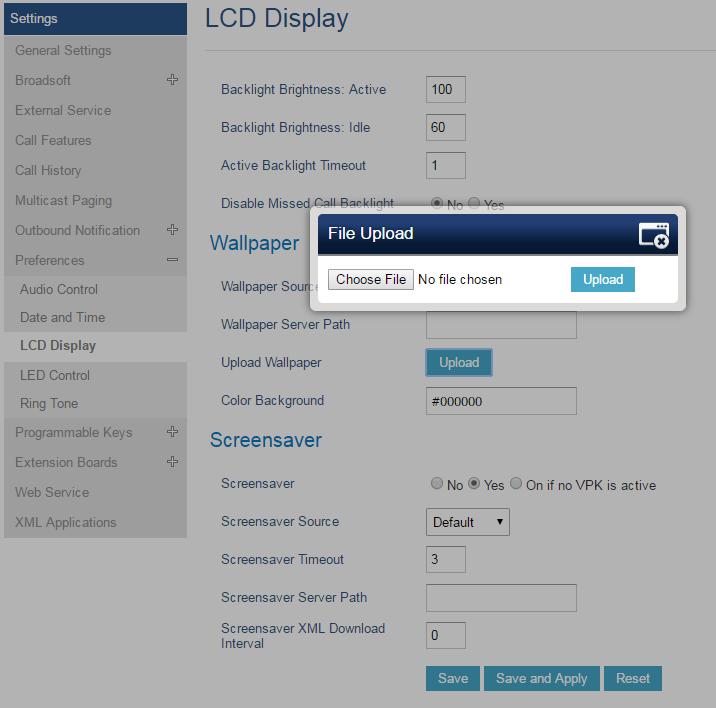Figure 15: Upload Selected Wallpaper to Phone Color Background Mode Users could find option Color Background under web UI Settings LCD