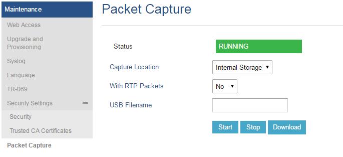Figure 23: Packet Capture in Idle User can also define whether RTP packets will be captured or not from With RTP Packets option.