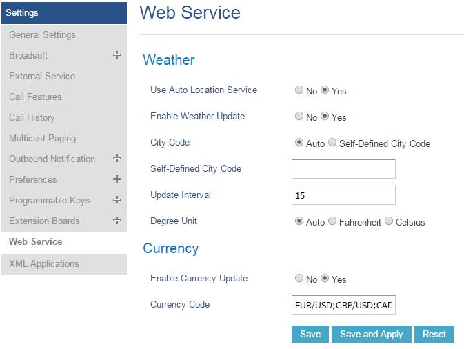 Figure 8: Web Service By default, the City Code is set to "Automatic", which allows the phone to obtain weather information based on the IP location detected.
