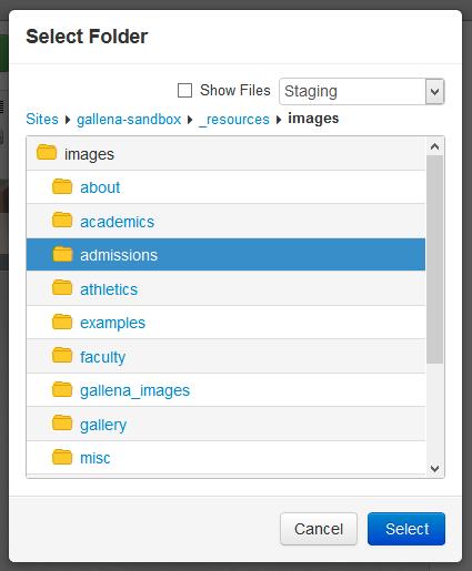 To select a new directory to show in the gadget: 1. Click the Select New Location link or click the folder icon. 2. From the Select Folder modal, select Staging, Production, or an auxiliary site.
