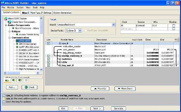 Figure 20. Completed Nios_System. Perform the following steps for the application software development. 1. On the File menu, point to New, and then click C/C++ Application to open the New Project. 2. Click Browse under Select Target Hardware.