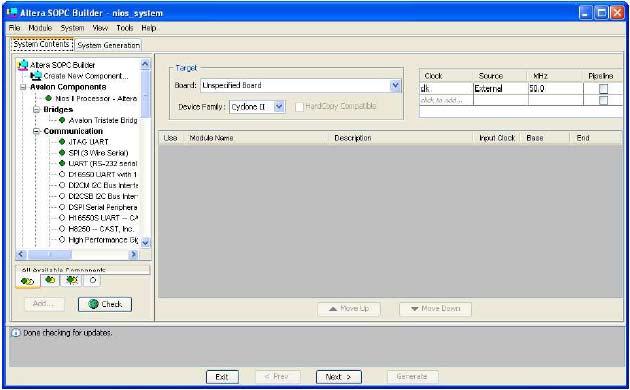 3. Figure 6 displays the System Contents tab of the SOPC Builder, which is used to add components to the system and configure the selected components to meet the design requirements.