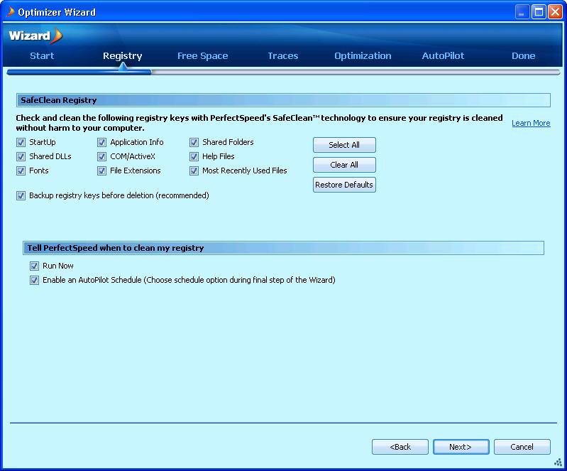 Getting Started with PerfectSpeed PC Optimizer 4. This page allows you to specify settings for the registry cleaner.
