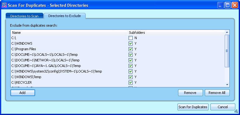 While in the Directories to Exclude tab, you can select the directories to be excluded from the search