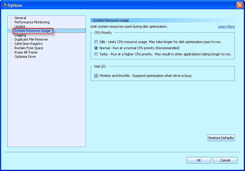 PerfectSpeed PC Optimizer User Guide The System Resources screen allows you to specify settings for CPU Usage and Disk I/O settings for drive optimizations.