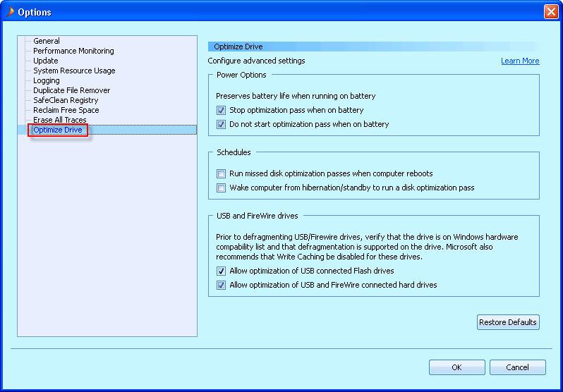 PerfectSpeed PC Optimizer User Guide The following settings can be configured: Options Power Options Schedules Description You can specify settings for optimization behavior when the computer is