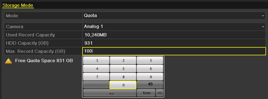 Select a camera for which you want to configure quota. 4. Enter the storage capacity in the text field of Max. Record Capacity (GB), as shown in Figure 10.