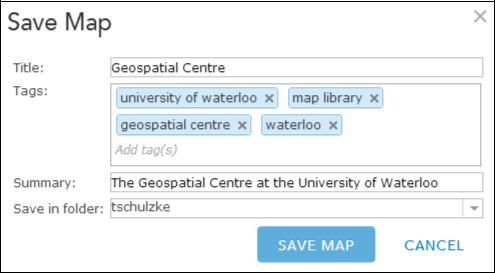 The Save button lets you save the map as you add features to it. Share pops up a dialog box giving various options for distributing your map.