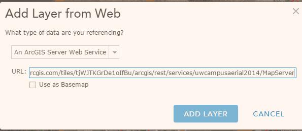 Another method for adding data is through a hosted web service. Click on the Add dropdown menu and choose Add Layer from Web. In the dialog box, enter the following URL: http://tiles.arcgis.