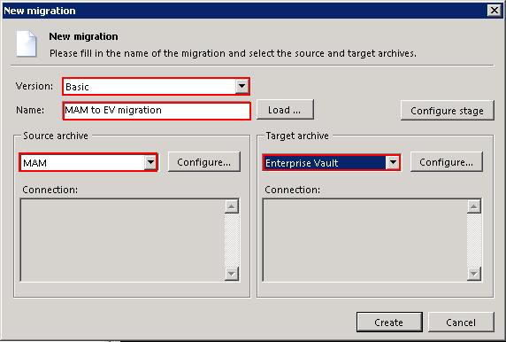 Configure stage: On the right side of the New migration dialog click the Configure stage