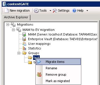 Expand the Groups node in the Archive Explorer pane and open the desired group s context menu. Click Migrate items. The Migration start dialog will shop-up.