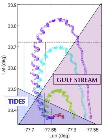 Figure 2. A station-keeping algorithm produces paths of simulated gliders in Long Bay, SC. A GEM is developed to combine tides and the gulfstream.