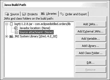 88 Java Project Configuration 6.1.3 Project Libraries The Libraries tab of the Java Build Path dialog allows you to add other libraries into a project s classpath.