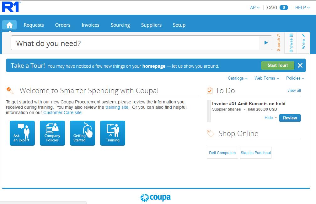 Exploring Coupa: Coupa Homepage 1 2 6 5 4 3 1 Home Icon- This icon will bring you back to the homepage 2 Search Bar- Used to search or browse catalog items and create free text requests 3 To Do s-