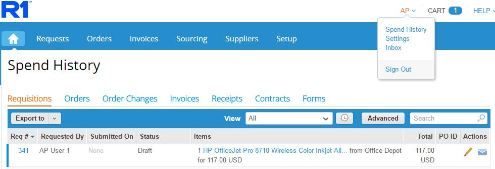 Exploring Coupa: Account 6 a) Spend History- Displays all of your previous requisitions and related orders b) Inbox- Displays all current and previous notifications c) Settings - General Allows you