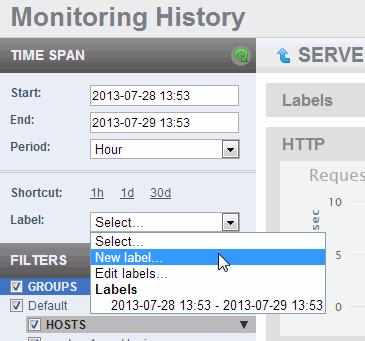 MarkLogic Server Monitoring History Each Shortcut also sets the Period value, as shown in the table below. Shortcut 1h 1d 30d Period Raw Hour Day 3.