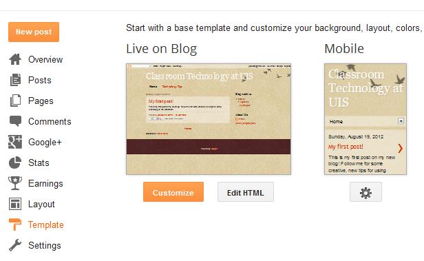 3. To edit the layout of your blog, select Template, and then choose Customize. 4.