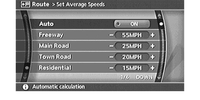 SET AVERAGE SPEEDS You can calculate the required time to the destination based on the set vehicle speeds. Basic operation 1. Highlight [Set Average Speeds] and push <ENTER>. 2.