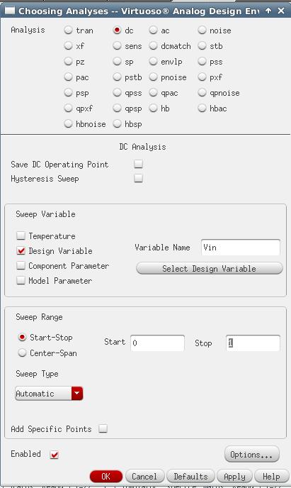 We now need to specify which analysis we want to perform. Click on the Choose analysis button and setup the parameters for a DC simulation as in Figure 17.