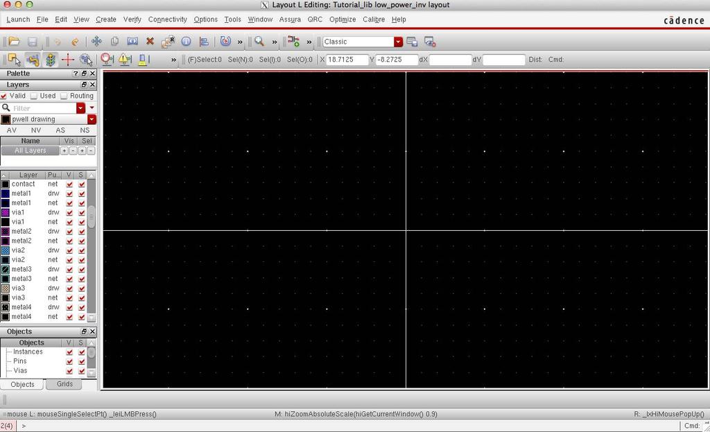 Figure 30 Layout L editor window PMOS layout design The PMOS sizes as defined in the schematic are W=300nm and L=50nm.