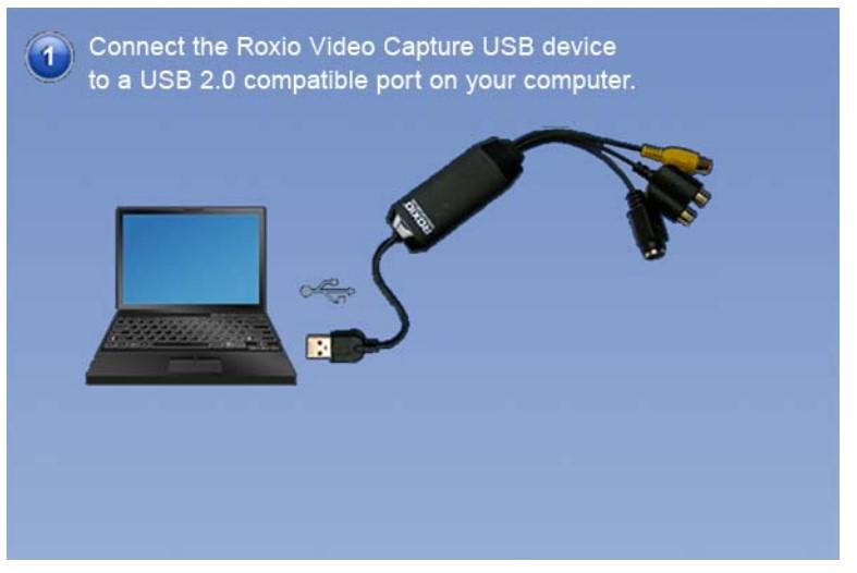 If the Roxio is not connected to the laptop and the converter, follow these steps: Setup Guide to install Roxio Easy VHS to DVD 3 1.