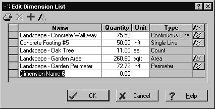 Using the dimension list Estimating maintains a dimensions list for each estimate.