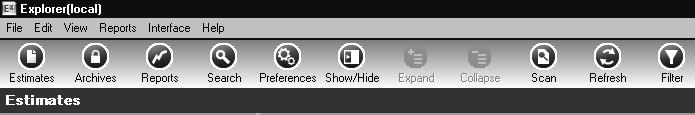 Get Started with Estimating Explorer 10 Section 1 The Toolbar Buttons The toolbar buttons appear at the top of the main window if you select View > Toolbar.