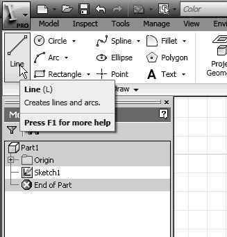 Parametric Modeling Fundamentals 2-7 Step 1: Creating a Rough Sketch The Sketch toolbar provides tools for creating the basic geometry that can be used to create features and parts. 1. Move the graphics cursor to the Line icon in the Sketch toolbar.