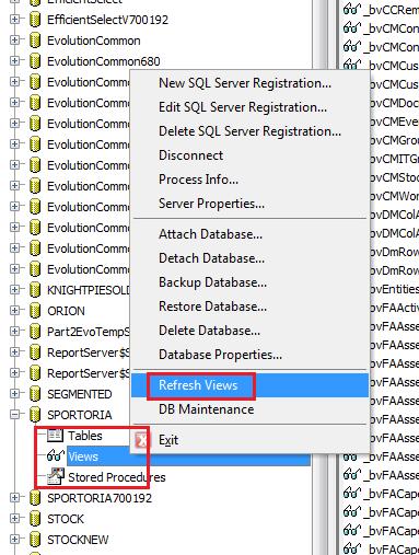5. Double click/expand the specific company database to reveal the Tables, Views and Stored Procedures objects. 6.