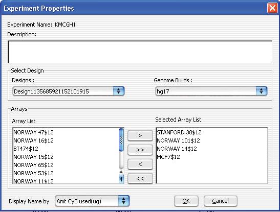 ChIP Interactive Analysis Reference 5 Experiment Properties Experiment Properties Figure 61 Experiment Properties dialog box Purpose: To select the arrays to be linked to the experiment To open: In