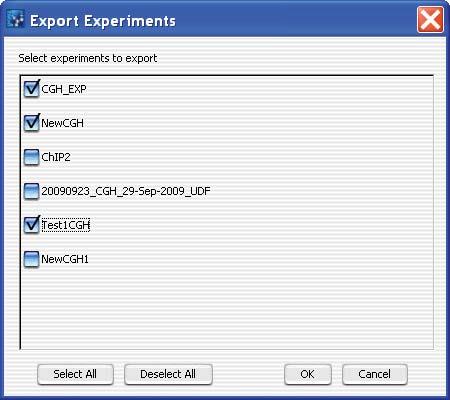 5 ChIP Interactive Analysis Reference Export Experiments Export Experiments Figure 65 Export Experiments dialog box Select experiments to export Select All Deselect All Cancel Purpose: Lets you