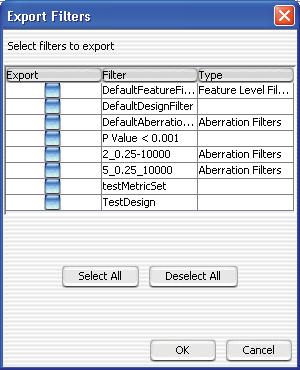 ChIP Interactive Analysis Reference 5 Export Filters Export Filters Figure 66 Export Filters dialog box Purpose: Lets you select feature- level, array- level, and/or design filters to export as a