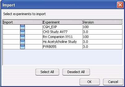 5 ChIP Interactive Analysis Reference Import (experiments) Import (experiments) Figure 73 Import dialog box (for experiments) Purpose: Lets you select the specific experiments within a ZIP format