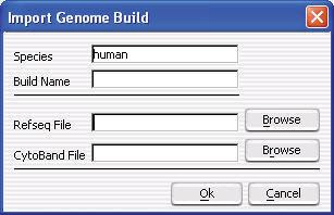 ChIP Interactive Analysis Reference 5 Import Genome Build Import Genome Build Figure 75 Import Genome Build dialog box Purpose: To import a new set of genome build files into Agilent Genomic