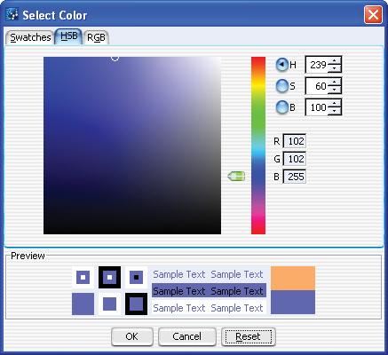 5 ChIP Interactive Analysis Reference Select Color HSB tab Figure 93 Select Color - HSB tab In this tab, you can select a color based on an HSB schema (Hue, Saturation, and Brightness).