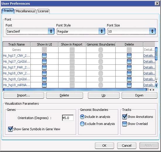 ChIP Interactive Analysis Reference 5 User Preferences User Preferences Purpose: This dialog box is used to set up preferences for display of tracks, earray information and data storage locations,
