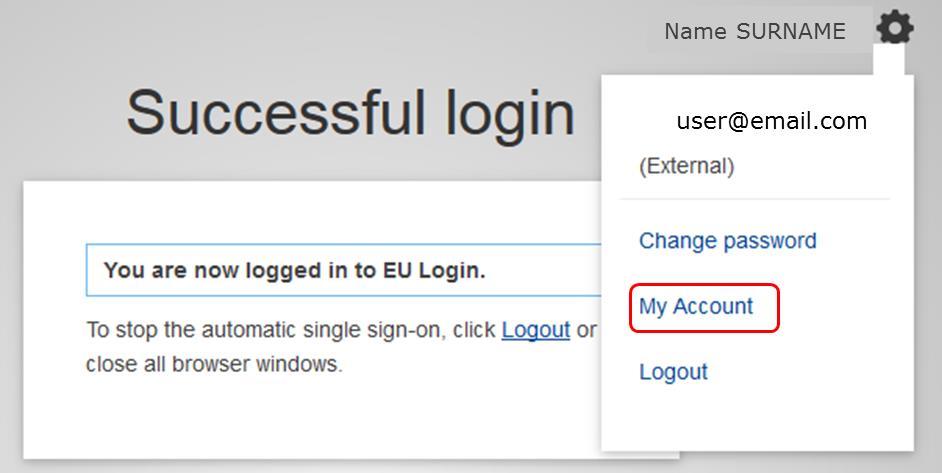 2.9. "EU Login" Account Details My Account My Account Modify my personal data Manage my mobile phone numbers