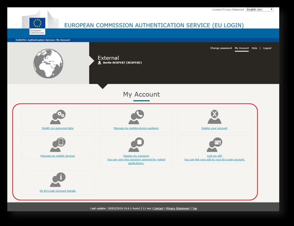 To access your EU Login account details, click on the settings icon in the upper right corner and select My