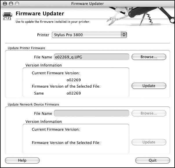 104 Maintaining and Transporting the Printer 3. Click the Firmware Updater icon. You see a window like this one: 4.