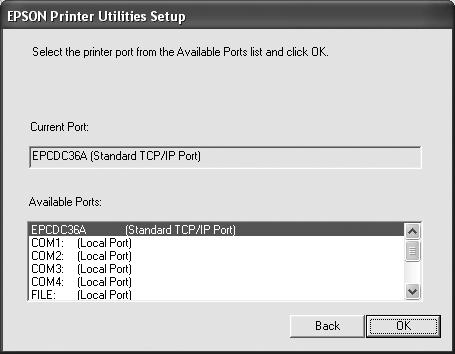 28 Setting Up the Printer On a Network 5. Select the network port you created for the printer, then click OK. 6.