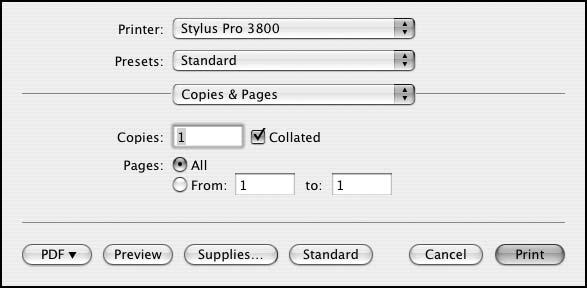 52 Printing with Epson Drivers for Macintosh Choosing Basic Print Options Once you have selected your page setup options, you need to select printing options.