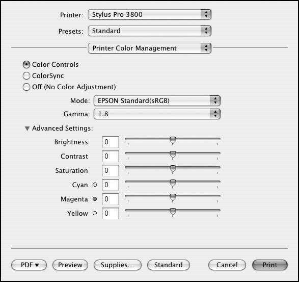 Printing with Epson Drivers for Macintosh 55 Choosing Color Management and Paper Configuration Options Follow these instructions to use color management in the printer driver.