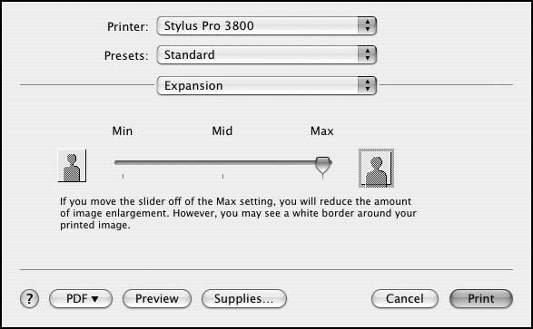 Printing with Epson Drivers for Macintosh 57 Choosing Expansion Settings If you need to adjust the amount of image enlargement when printing borderless photos, select an Auto Expand paper size and