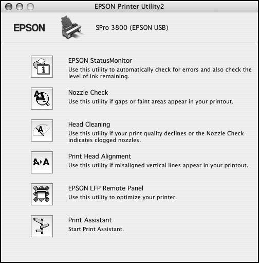62 Printing with Epson Drivers for Macintosh Checking Ink and Maintenance Status EPSON Printer Utility2 lets you check the status of ink in the printer and maintenance cartridge.